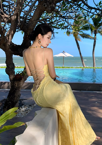 Vigrant Yellow Sheath Mermaid Maxi Dress Tie-Back Ruffles Hem Design Spaghetti Strap Long Dress AP1209