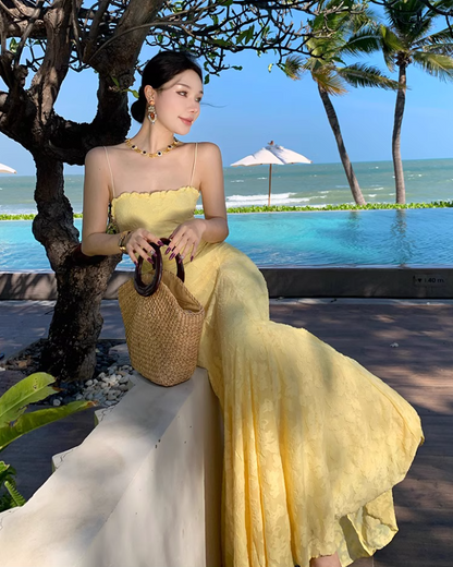 Vigrant Yellow Sheath Mermaid Maxi Dress Tie-Back Ruffles Hem Design Spaghetti Strap Long Dress AP1209