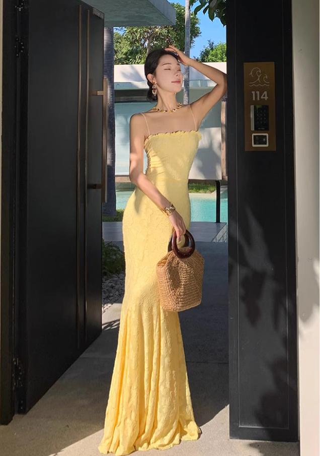 Vigrant Yellow Sheath Mermaid Maxi Dress Tie-Back Ruffles Hem Design Spaghetti Strap Long Dress AP1209
