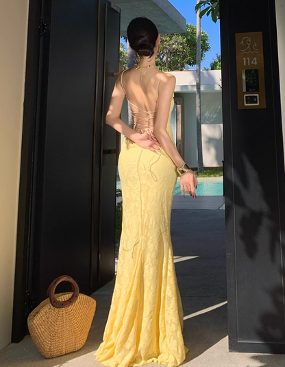 Vigrant Yellow Sheath Mermaid Maxi Dress Tie-Back Ruffles Hem Design Spaghetti Strap Long Dress AP1209