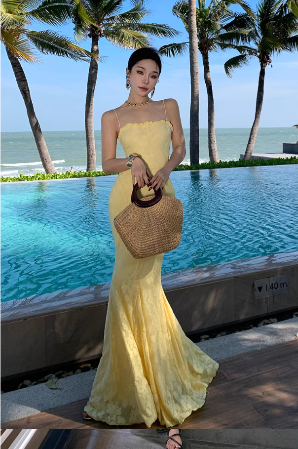 Vigrant Yellow Sheath Mermaid Maxi Dress Tie-Back Ruffles Hem Design Spaghetti Strap Long Dress AP1209