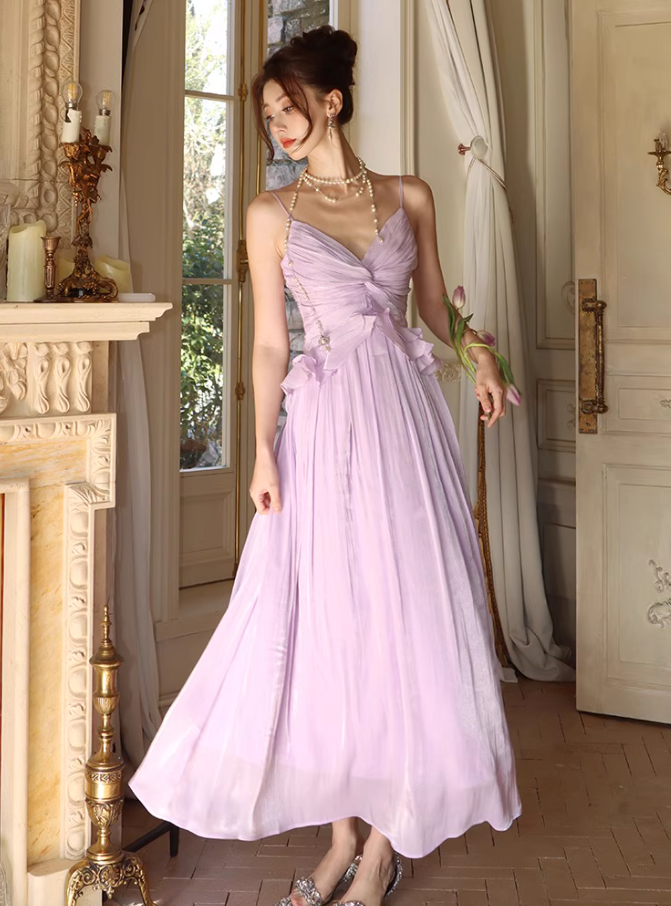 Chic Sweetheart Neck Lustrous Fabric Maxi Dress Ruffles Spaghetti Strap Draped Long Dress AP1210