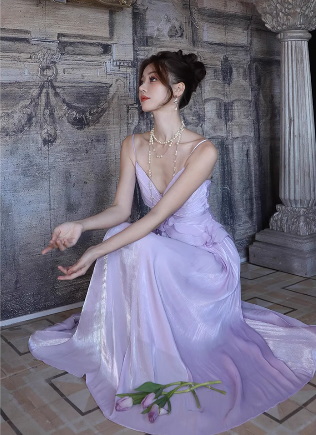 Chic Sweetheart Neck Lustrous Fabric Maxi Dress Ruffles Spaghetti Strap Draped Long Dress AP1210