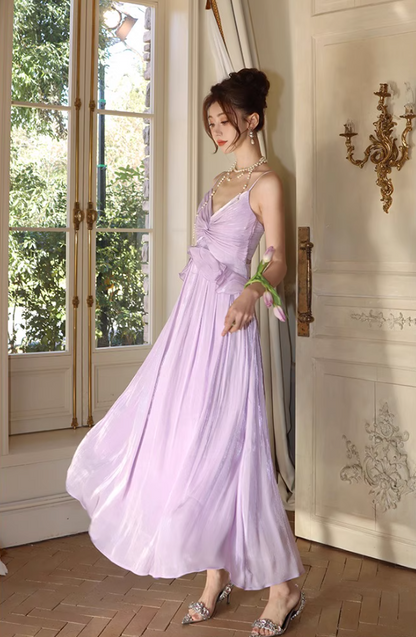 Chic Sweetheart Neck Lustrous Fabric Maxi Dress Ruffles Spaghetti Strap Draped Long Dress AP1210