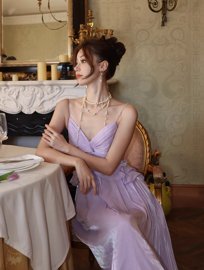 Chic Sweetheart Neck Lustrous Fabric Maxi Dress Ruffles Spaghetti Strap Draped Long Dress AP1210