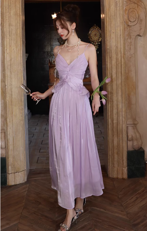 Chic Sweetheart Neck Lustrous Fabric Maxi Dress Ruffles Spaghetti Strap Draped Long Dress AP1210