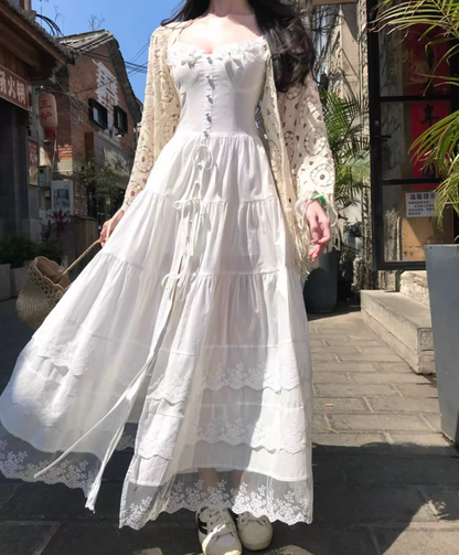 Elegant Lace Splicing Floral Design Maxi Dress Vacation Outfit High-Slit Spaghetti Strap Long Dress AP1211