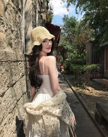 Elegant Lace Splicing Floral Design Maxi Dress Vacation Outfit High-Slit Spaghetti Strap Long Dress AP1211