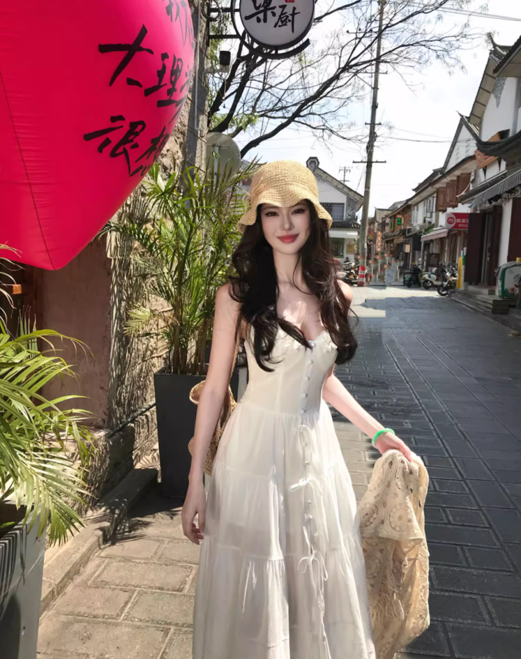 Elegant Lace Splicing Floral Design Maxi Dress Vacation Outfit High-Slit Spaghetti Strap Long Dress AP1211