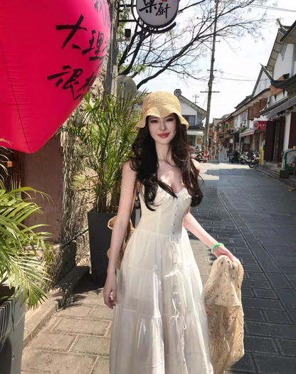 Elegant Lace Splicing Floral Design Maxi Dress Vacation Outfit High-Slit Spaghetti Strap Long Dress AP1211