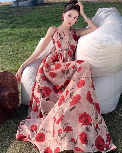 Charming Floral Printed Tie-Back Maxi Dress Photogenic Flowy Spaghetti Strap Long Dress AP1212