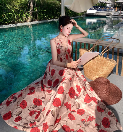 Charming Floral Printed Tie-Back Maxi Dress Photogenic Flowy Spaghetti Strap Long Dress AP1212