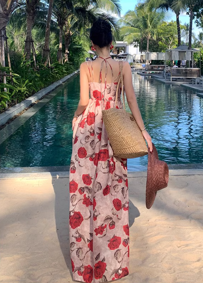 Charming Floral Printed Tie-Back Maxi Dress Photogenic Flowy Spaghetti Strap Long Dress AP1212