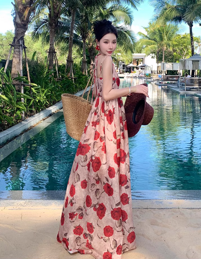 Charming Floral Printed Tie-Back Maxi Dress Photogenic Flowy Spaghetti Strap Long Dress AP1212