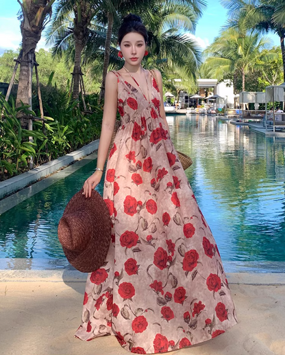 Charming Floral Printed Tie-Back Maxi Dress Photogenic Flowy Spaghetti Strap Long Dress AP1212