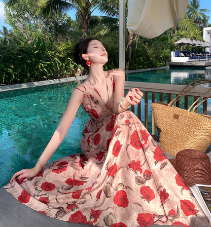 Charming Floral Printed Tie-Back Maxi Dress Photogenic Flowy Spaghetti Strap Long Dress AP1212