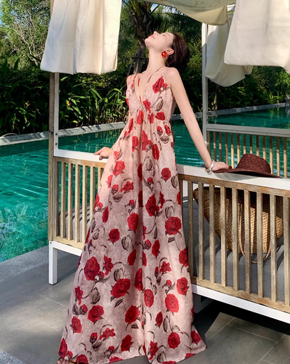 Charming Floral Printed Tie-Back Maxi Dress Photogenic Flowy Spaghetti Strap Long Dress AP1212