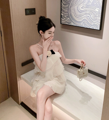 Cute Ivory Tiered Birthday Party Mini Skirt Spaghetti Strap Flower Ornament Flowy Short Dress AP1213