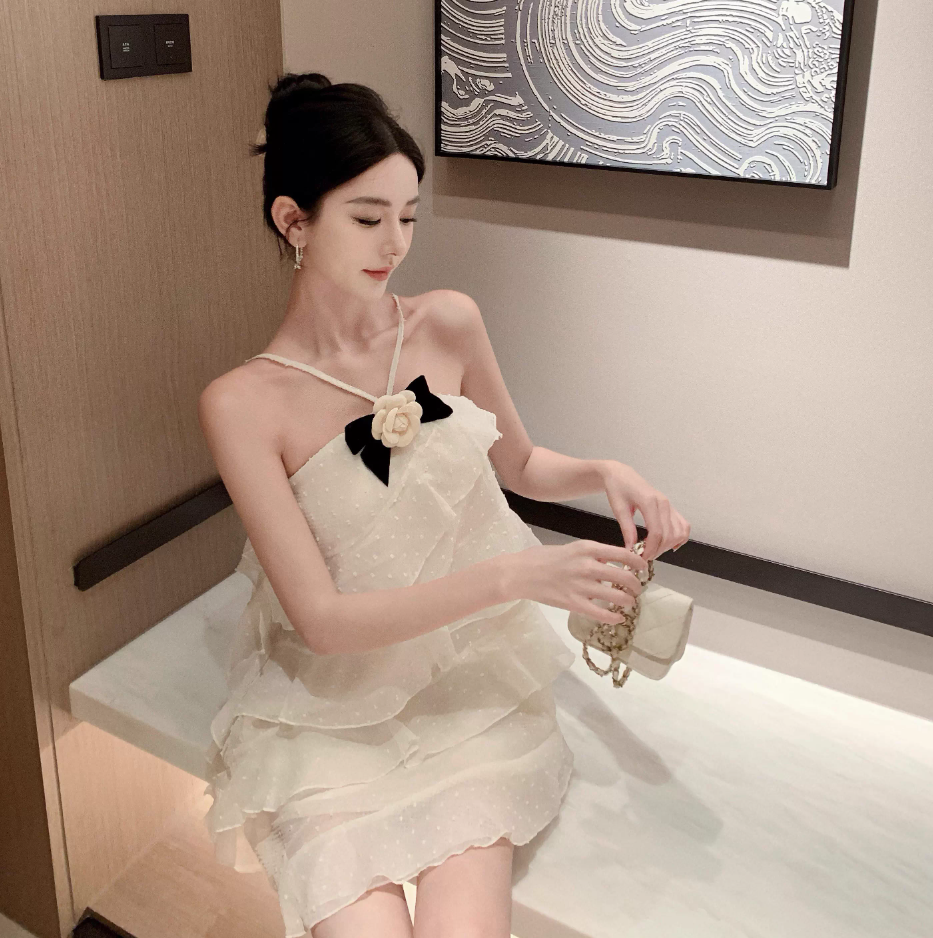 Cute Ivory Tiered Birthday Party Mini Skirt Spaghetti Strap Flower Ornament Flowy Short Dress AP1213