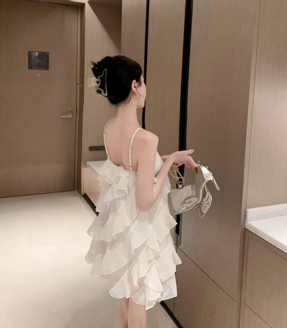 Cute Ivory Tiered Birthday Party Mini Skirt Spaghetti Strap Flower Ornament Flowy Short Dress AP1213