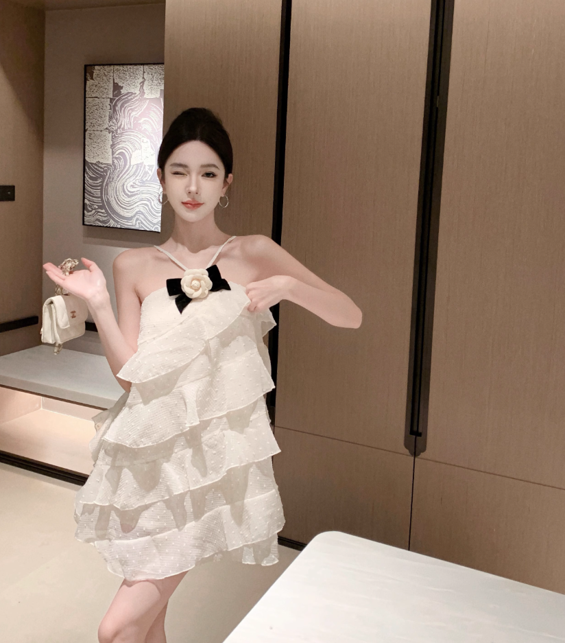 Cute Ivory Tiered Birthday Party Mini Skirt Spaghetti Strap Flower Ornament Flowy Short Dress AP1213