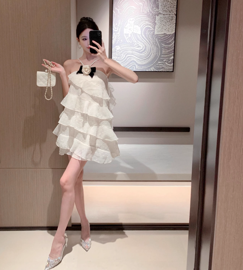 Cute Ivory Tiered Birthday Party Mini Skirt Spaghetti Strap Flower Ornament Flowy Short Dress AP1213