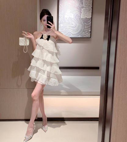 Cute Ivory Tiered Birthday Party Mini Skirt Spaghetti Strap Flower Ornament Flowy Short Dress AP1213