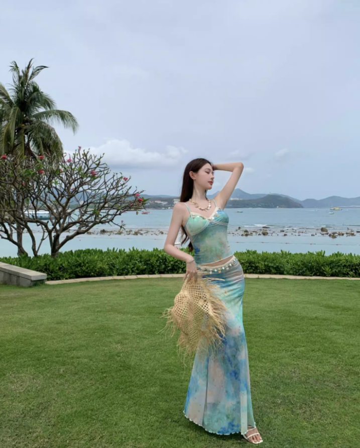 Chic Tie-Dye Mermaid Coastal Trips Maxi Dress Two-Piece Set Spaghetti Strap Long Dress AP1214