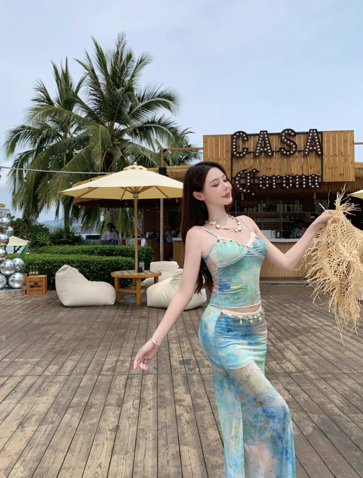 Chic Tie-Dye Mermaid Coastal Trips Maxi Dress Two-Piece Set Spaghetti Strap Long Dress AP1214