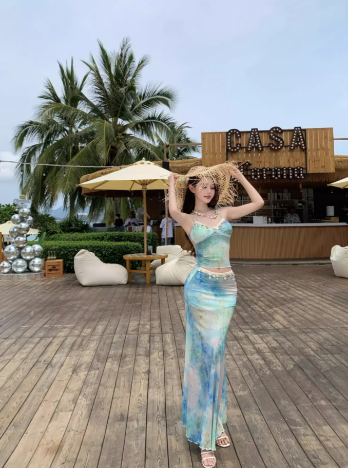 Chic Tie-Dye Mermaid Coastal Trips Maxi Dress Two-Piece Set Spaghetti Strap Long Dress AP1214