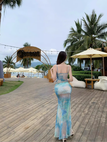 Chic Tie-Dye Mermaid Coastal Trips Maxi Dress Two-Piece Set Spaghetti Strap Long Dress AP1214