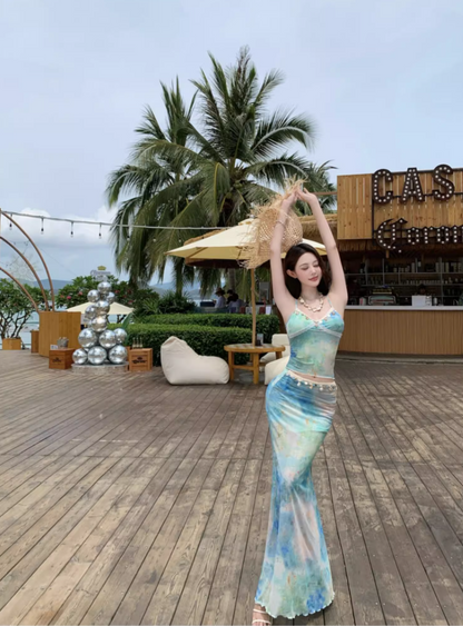 Chic Tie-Dye Mermaid Coastal Trips Maxi Dress Two-Piece Set Spaghetti Strap Long Dress AP1214