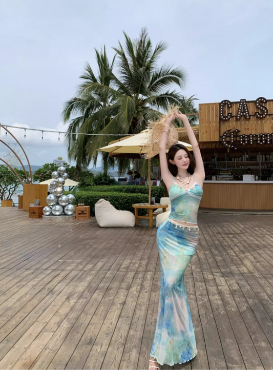 Chic Tie-Dye Mermaid Coastal Trips Maxi Dress Two-Piece Set Spaghetti Strap Long Dress AP1214