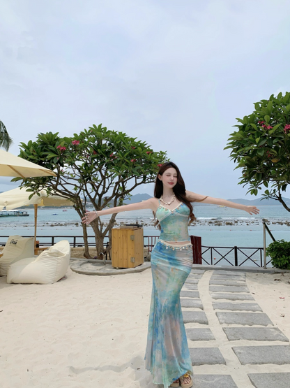 Chic Tie-Dye Mermaid Coastal Trips Maxi Dress Two-Piece Set Spaghetti Strap Long Dress AP1214