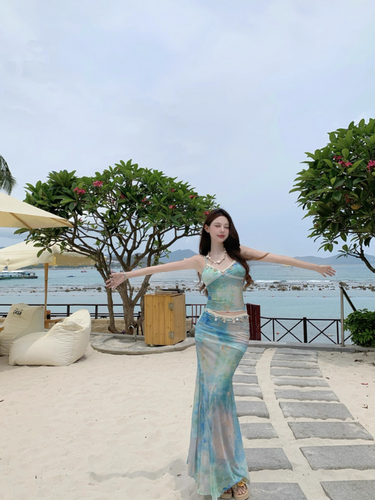 Chic Tie-Dye Mermaid Coastal Trips Maxi Dress Two-Piece Set Spaghetti Strap Long Dress AP1214