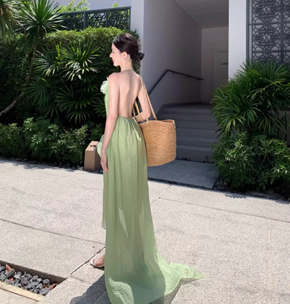 French Style Asymmetric Neckline High-Slit Maxi Dress Flowy Vacation Outfit Halter Long Dress AP1216