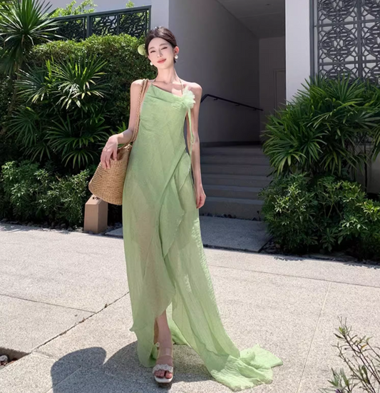 French Style Asymmetric Neckline High-Slit Maxi Dress Flowy Vacation Outfit Halter Long Dress AP1216