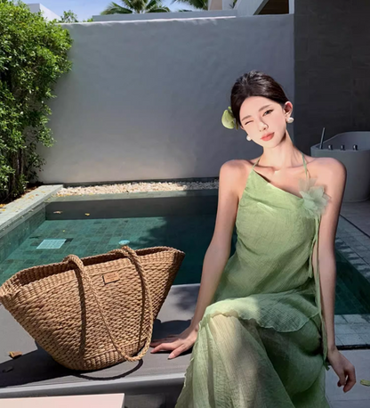 French Style Asymmetric Neckline High-Slit Maxi Dress Flowy Vacation Outfit Halter Long Dress AP1216