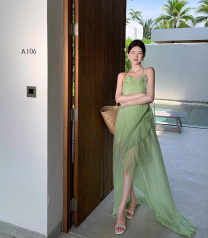 French Style Asymmetric Neckline High-Slit Maxi Dress Flowy Vacation Outfit Halter Long Dress AP1216