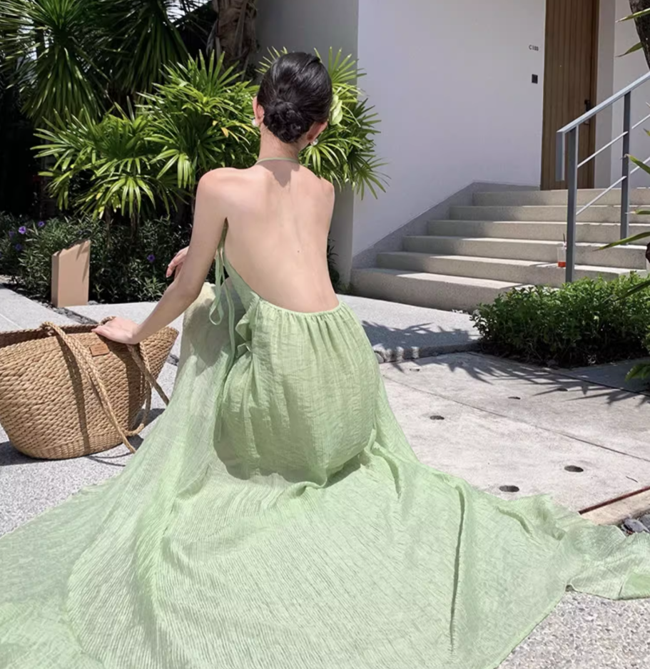 French Style Asymmetric Neckline High-Slit Maxi Dress Flowy Vacation Outfit Halter Long Dress AP1216