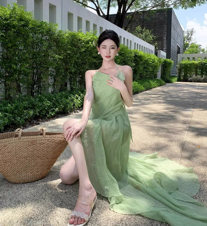 French Style Asymmetric Neckline High-Slit Maxi Dress Flowy Vacation Outfit Halter Long Dress AP1216