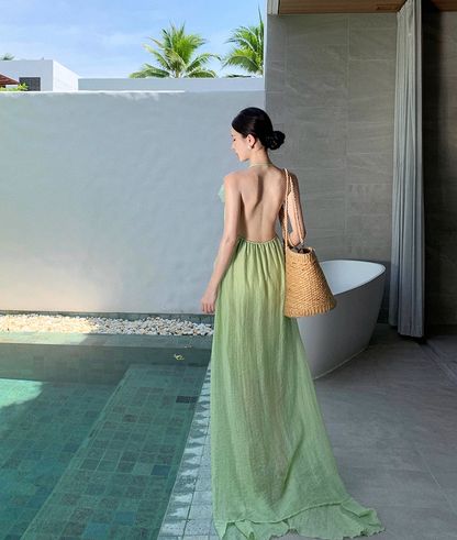 French Style Asymmetric Neckline High-Slit Maxi Dress Flowy Vacation Outfit Halter Long Dress AP1216