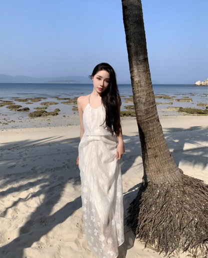 Charming Breathable Sheer Floral Tulle Overlay Maxi Dress Flowy Vacation Outfit Backless Halter Long Dress AP1217