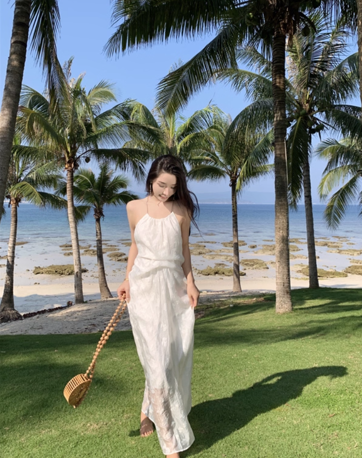 Charming Breathable Sheer Floral Tulle Overlay Maxi Dress Flowy Vacation Outfit Backless Halter Long Dress AP1217