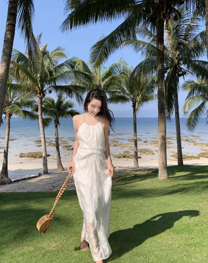 Charming Breathable Sheer Floral Tulle Overlay Maxi Dress Flowy Vacation Outfit Backless Halter Long Dress AP1217