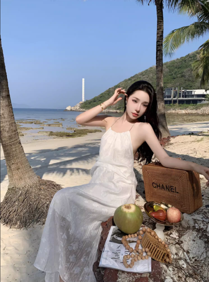 Charming Breathable Sheer Floral Tulle Overlay Maxi Dress Flowy Vacation Outfit Backless Halter Long Dress AP1217