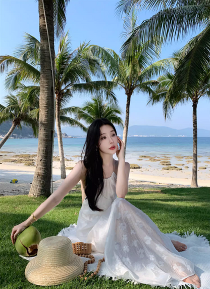 Charming Breathable Sheer Floral Tulle Overlay Maxi Dress Flowy Vacation Outfit Backless Halter Long Dress AP1217