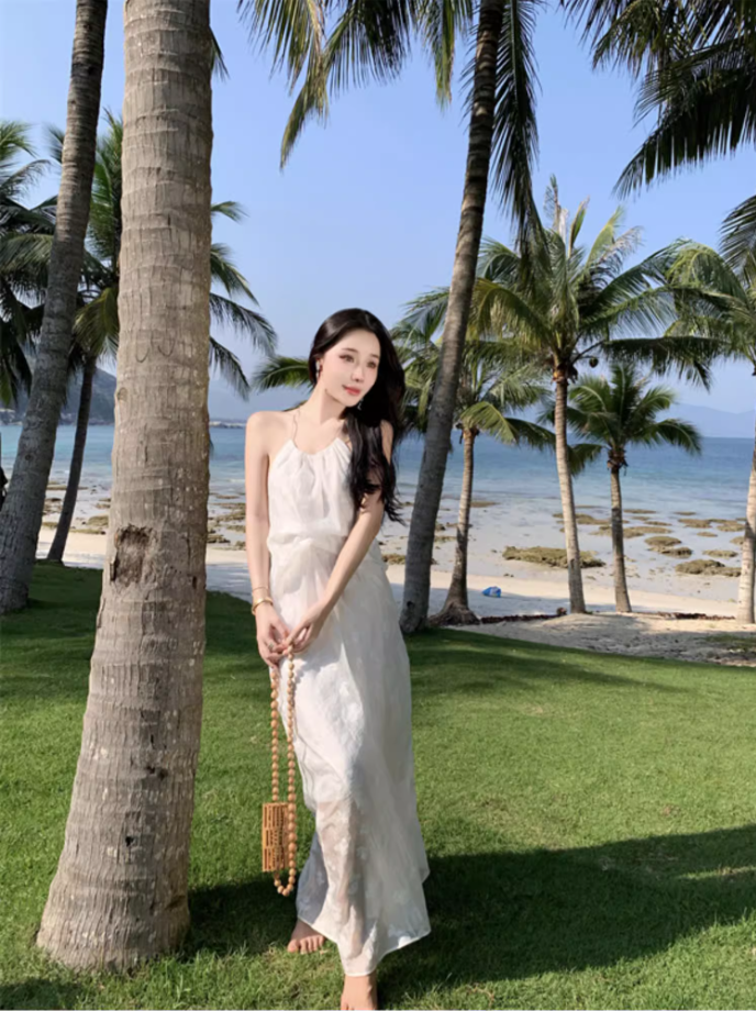 Charming Breathable Sheer Floral Tulle Overlay Maxi Dress Flowy Vacation Outfit Backless Halter Long Dress AP1217