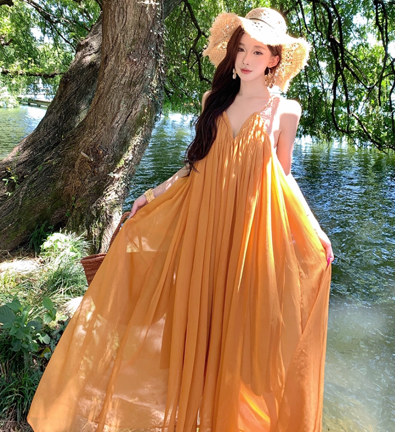 Vibrant Flowy Sheer Tulle Overlay Maxi Dress Flowy V-Neck Backless Halter Long Dress AP1218