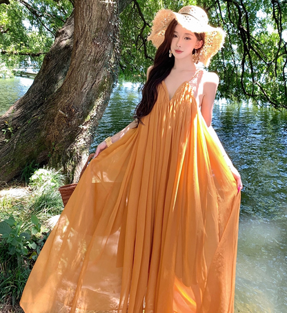 Vibrant Flowy Sheer Tulle Overlay Maxi Dress Flowy V-Neck Backless Halter Long Dress AP1218